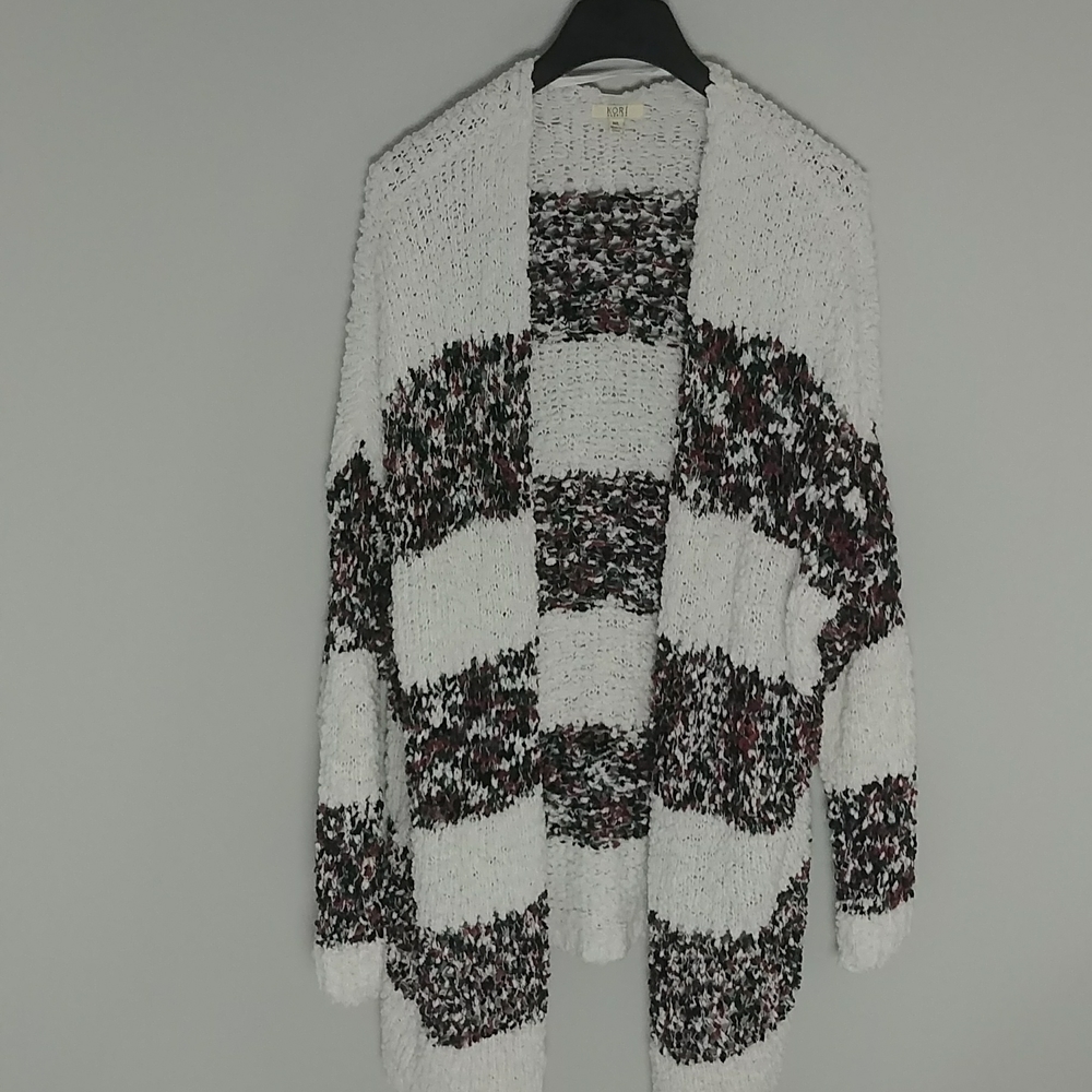 Kori Long Sleeve Striped Popcorn Open Front And Over Size Cardigan